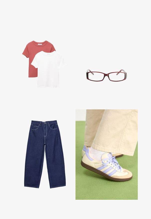 To korte ærmer t-shirts; en i terracotta med rund hals, og en i hvid. Begge er lavet af blødt bomuldsmateriale.; Mørkeblå denim bukser med brede ben og høj talje, fem lommer og kontrasterende hvid syning. Glat tekstur, klassisk design.; Creme og lavendel sneakers med tre striber og en tekstureret brun sål, der har snørebånd og en polstret hæl. Blødt stof øvre.; Røde rektangulære briller med et sleekt design. Klare linser, let transparente stænger og en gradient-effekt fra rød til grå.