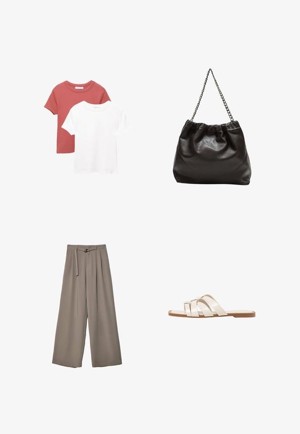 Dva kratka rukava T-majice; jedna u terakota boji s okruglim izrezom, a druga u bijeloj boji. Obje su izrađene od mekanog pamučnog materijala.; Široke hlače u mekoj, prigušenoj sivoj tkanini, s remenom na struku i plisiranim detaljima za dodatni dizajn. Glatka tekstura, bez uzoraka.; Ravne sandale s smeškom od gume, dizajnirane s tri preklapajuće bele kožne trake i malim detaljem mašne u sredini.; Smeđa kožna torba s naboranim vrhom i lančićem za nošenje. Glatka tekstura s sjajnim završetkom i suptilnim šavnim detaljima sa strane.