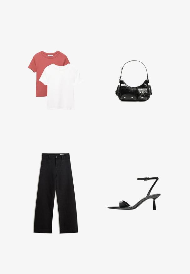 Dvě trička s krátkým rukávem; jedno v terakotové barvě s kulatým výstřihem a druhé v bílé barvě. Obě jsou vyrobeny z jemného bavlněného materiálu.; Černé denimové kalhoty s volným střihem a vysokým pasem, vybavené předními a zadními kapsami, prošívanými švy a knoflíkovým zapínáním. Hladká textura.; Bershka Sandály na vysokém podpatku - black; Černá lakovaná kožená kabelka s křivkovým tvarem, jedním ramenním popruhem, předními kapsami a stříbrnými kovovými detaily.
