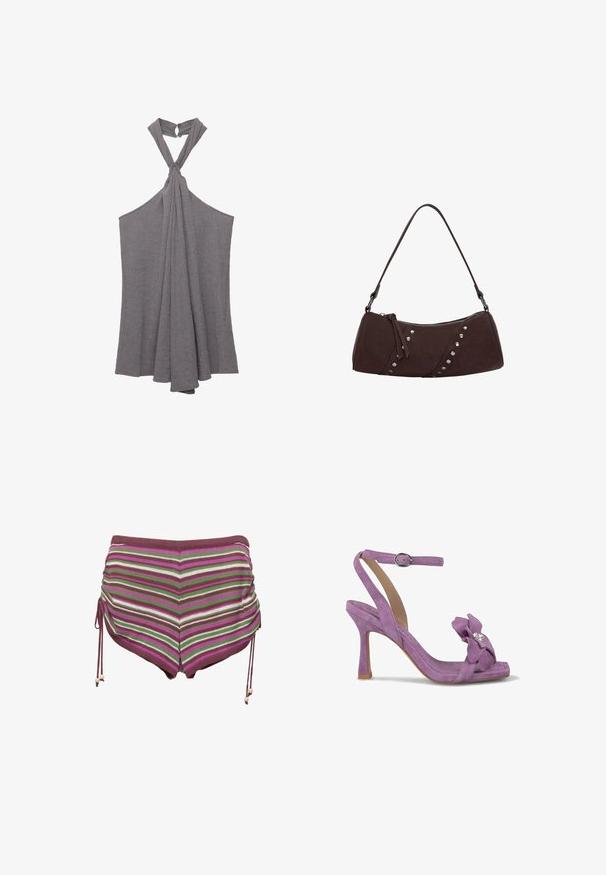 Grauer Haltertop aus strukturiertem Stoff, mit Knotendetail am Ausschnitt und fließendem, drapiertem Design am Oberkörper.; Gestreifte Badehorts in den Farben Rosa, Grün und Braun. Mit seitlichen Kordelzügen und einem weichen, dehnbaren Stoff.; Lila Wildleder-Pumps mit hohen Absätzen und Knöchelriemen. Verfügt über eine florale Verzierung mit einem Strassdetail auf der Zehe.; Braune Handtasche aus synthetischem Leder mit geschwungener Form, Reißverschluss und dekorativen silbernen Nieten auf einer Seite. Verfügt über einen kurzen Schultergurt.