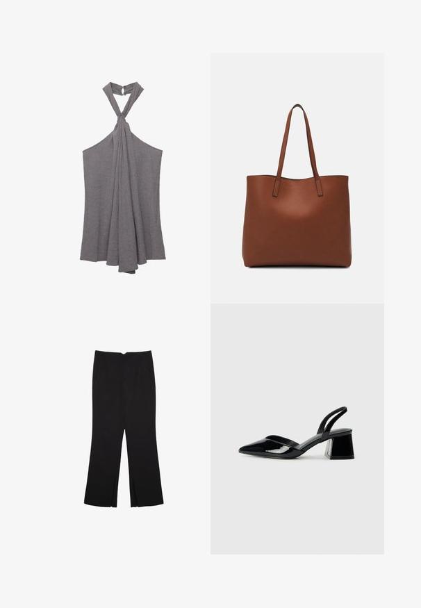 Grå halterneck top lavet af tekstureret stof, med en knudefunktion ved halsudskæringen og en flydende, draperet design ved torsoen.; Sorte bukser med lige pasform, der har frontlommer og slidser i kanten. Lavet af blødt, glat stof. Velegnet til forskellige anledninger.; Sorte patentlæder slingback hæle med spids tå og en geometrisk blok hæl. Har et elegant, minimalistisk design og en glat tekstur.; Brun læder tote taske med en glat overflade, åben topdesign og to skulderremme. Har minimal syning og ingen synlig hardware.