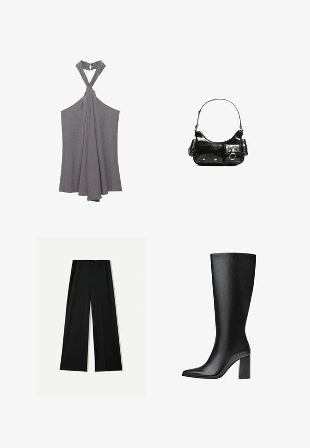 Top gri cu bretele halter, realizat dintr-un material texturat, având un detaliu cu nod la decolteu și un design fluid, drapat, la nivelul toracelui.; Bershka WIDE - Pantaloni - black; Bot negre până la genunchi, realizat din piele ecologică, cu vârf ascuțit, textură netedă și toc gros. Design minimalist fără accente vizibile.; Geantă de mână din piele lăcuită neagră, cu o formă curbată, un umăr, buzunare frontale și accente din metal argintiu.