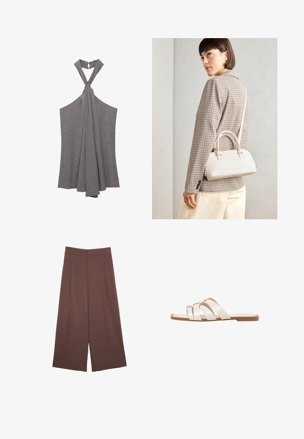 Siva halter top iz teksturirane tkanine, z detajlom vozla na izrezu in zrakastim, drapiranim dizajnom na telesu.; Rjave široke hlače z gladko teksturo, ki imajo visok pas in sprednje naborke. Tkanina je lahka in prosto pada.; Ravne sandale s svetlo rjavim gumijastim podplatom, zasnovane s tremi prekrivajočimi se belimi usnjenimi trakovi in majhnim lokom na sredini.; Bela strukturirana torba z kratkimi ročaji in naramnim trakom, z zlatimi okrasnimi elementi in teksturiranim materialom, prikazana na sivi podlagi.