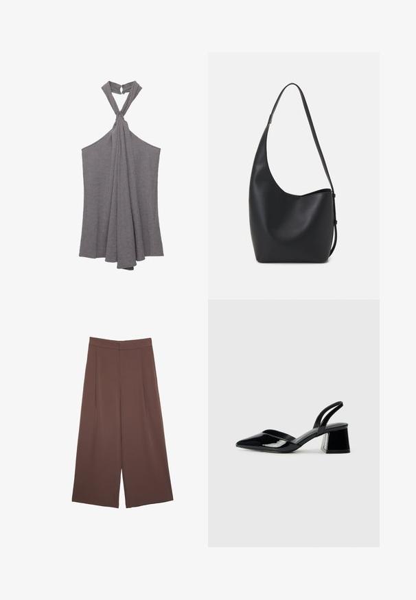 Top halter grigio realizzato in tessuto testurizzato, con dettaglio a nodo sul collo e design fluente e drappeggiato sul torso.; Pantaloni ampi marroni con una texture liscia, caratterizzati da una vita alta e pieghe frontali. Il tessuto è leggero e scorre liberamente.; Décolleté in vernice nera con punta affusolata e tacco in geometria cubica. Presentano un design elegante e minimalista, con una texture liscia.; Borsa hobo nera in pelle con una superficie liscia, forma curvata e una singola tracolla regolabile; presenta un'ampia apertura nella parte superiore.