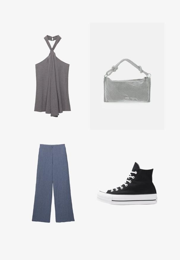 Grijze haltertop gemaakt van textuurstof, met een knoopdetail bij de halslijn en een vloeiende, gedrapeerde ontwerp bij het torso.; Blauwe textuur wijde broek met een ribbelpatroon, voorzien van een hoge tailleband en een losvallende pasvorm, geschikt voor casual gebruik.; Hoge zwarte canvas sneaker met witte oogjes, veters en rubberen zool. Beschikt over een gestructureerde neuskap en zwart-witte streepaccenten.; Zilveren mesh handtas met een geknoopte handgreep, rechthoekige vorm, gestructureerd oppervlak en ritsluiting. Eenvoudig, modern ontwerp met minimale accenten.