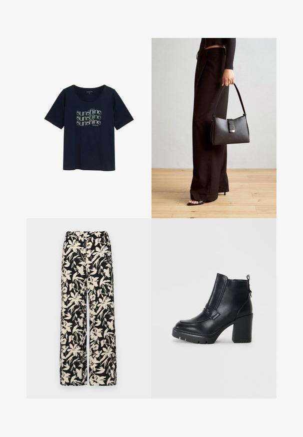 Tumši zila īsām piedurknēm T-kreklā ar apaļu apkakli, kurā atkārtojas teksts "saules gaisma" gaiši zaļā krāsā, izgatavots no mīkstas kokvilnas.; Melni platie bikses ar krēmkrāsas ziedu rakstu. Izgatavotas no viegla auduma, kuram ir gluda tekstūra un augsta jostasvietas daļa.; Melna ādas potīšu zābaks ar masīlu papēdi, noapaļotu purngalu un dekoratīvu jostu priekšpusē. Sānu rāvējslēdzējs, kas nodrošina vieglu uzvilkšanu.; Melnā somiņa ar strukturētu formu, gludu tekstūru un metālu sprādzi. Saskaņota ar platām melnām biksēm un sandālēm ar atvērtu purngalu uz koka grīdas.