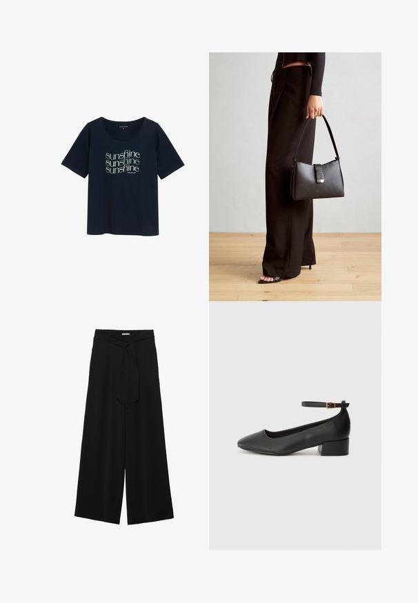 Mørkeblå kortærmet T-shirt med rund halsudskæring, prydet med gentaget tekstdesign "sunshine" i lys grøn, fremstillet af blødt bomuldsmateriale.; Sorte vide bukser i en tekstureret stofkvalitet, med elastisk talje og et aftageligt bånd i taljen for justerbar pasform.; Sorte læderpumper med spids tå og en lav blokhæl. Har en ankelrem med en guldfarvet spænde. Glat tekstur.; Sort håndtaske med struktureret form, glat overflade og metalspænde. Sammen med brede sorte bukser og sandaler med åben tå på trægulv.