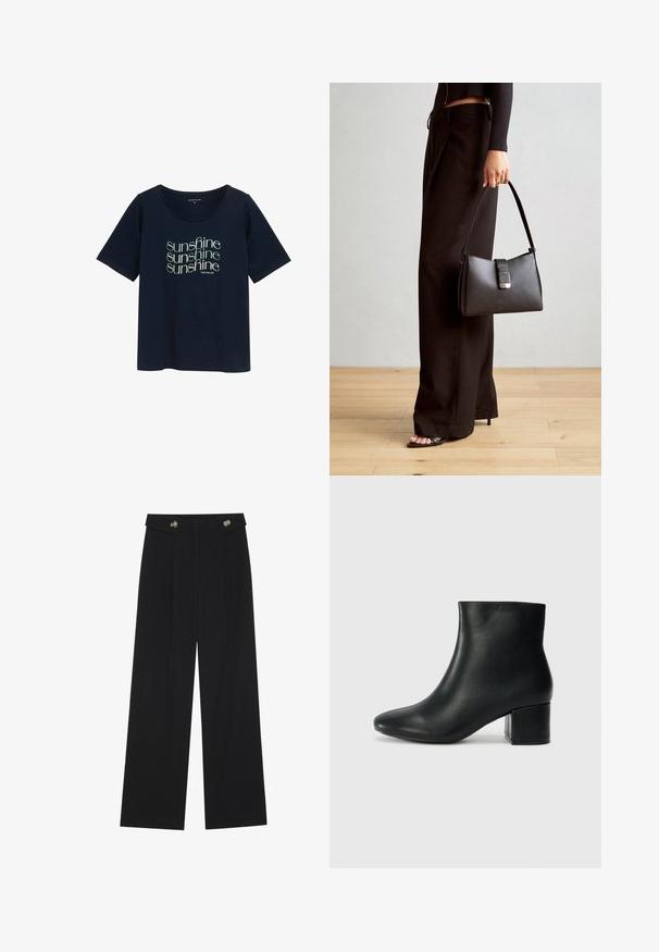 Laivansininen lyhythihainen T-paita, jossa on pyöreä pääntie ja toistuva tekstikuvio "auringonpaiste" vaaleanvihreänä, valmistettu pehmeästä puuvillamateriaalista.; Mustat leveälahkeiset housut, joissa on korkea vyötärö, napit vyötärönauhassa ja etupuolella laskokset.; Musta nahkasaappaat nilkkapituudella, jossa on terävä kärki ja paksu korko. Silkkinen pinta, jossa on minimaaliset yksityiskohdat ja tyylikäs, istuva muotoilu.; Musta käsilaukku, jossa on rakenteellinen muoto, sileä pinta ja metallinen solki. Yhdistetty leveisiin mustiin housuihin ja avonaiheisiin sandaaleihin puulattialla.