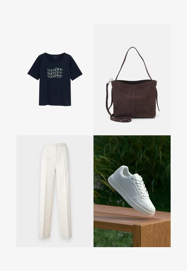 Náměsově modré tričko s krátkým rukávem a kulatým výstřihem s opakujícím se textem "slunce" ve světle zelené barvě, vyrobené z měkké bavlny.; Krémové kalhoty s přiléhavým střihem, rovné nohavice, hladká tkanina, přední sklady a čistý lem. Minimalistický design.; Bílé tenisky s hladkým syntetickým svrškem, perforovanou špičkou, plochými tkaničkami a texturovanou podrážkou, vystavené na dřevěném povrchu.; Hnědá semišová taška přes rameno s jemnou texturou, vybavená jedním popruhem na rameno a decentním zakřiveným horním otvorem. Žádné viditelné detaily z hardware.