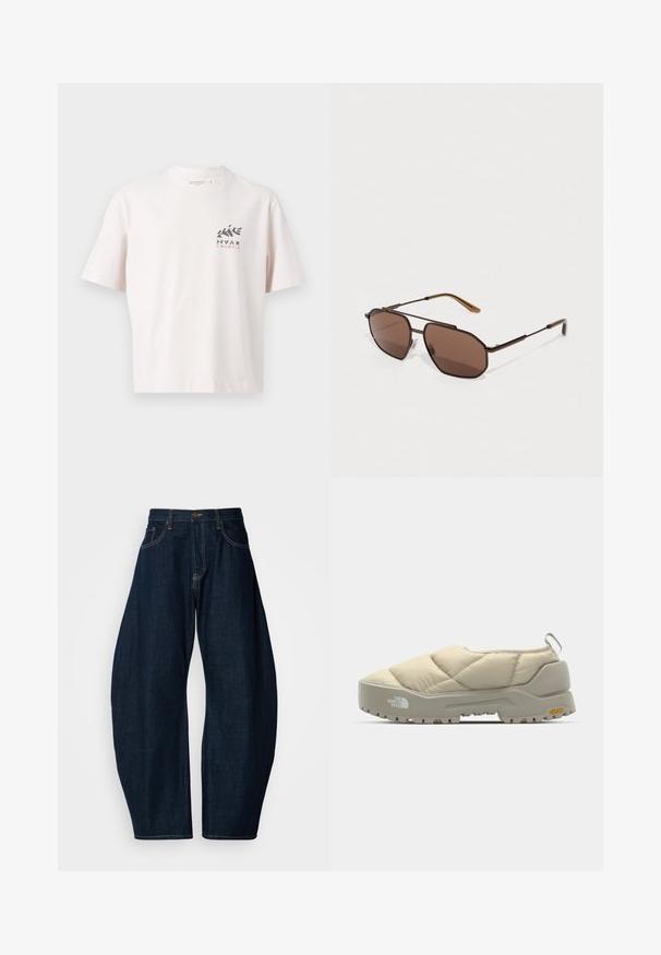 Hvit bomulls t-skjorte med rund hals, korte ermer og et frontmotiv som viser "HVAR" og "KROATIA" i svart og rosa tekst.; Mørkeblå denimjeans med bred bendesign, som har markante søm, fem lommer og en messingknaplukking i midjen.; Quilted beige slip-on sko med grå Vibram såle, avrundet form og bakre løkke. Har logo på siden og strukturert overflaten.; Brune oktogonale solbriller med en tynn svart metallramme, akzentuert med brune stenger. Mørke linser gir UV-beskyttelse.