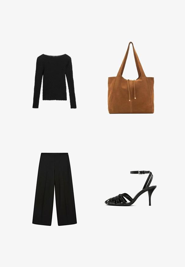 Maglione nero a maniche lunghe con motivo intrecciato e tessuto a trama, dotato di scollo ampio a barca. Caratterizzato da una vestibilità dritta e rilassata.; Pantaloni neri a gamba larga realizzati in tessuto morbido, con vita alta e pieghe, caratterizzati da una texture liscia e senza decorazioni visibili.; Sandaletta nera in pelle con tacco alto e cinturino alla caviglia, caratterizzata da fasce intrecciate sulla punta, una finitura liscia e una forma della punta appuntita.; Borsa a tracolla in suede marrone con due lunghe cinghie, chiusura con cordoncino e design minimalista. Texture liscia e senza elementi hardware visibili.