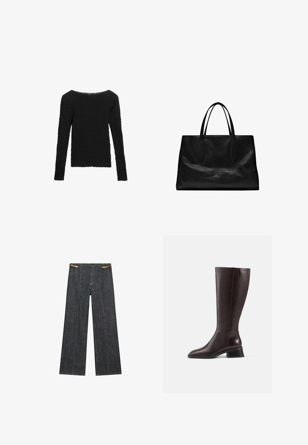 Black long-sleeved sweater with a textured, woven pattern and a wide, boat neckline. Features a straight, relaxed fit.; Dark wash denim wide-leg trousers with a high waist. Features visible stitching, a button closure, and a unique chain accent at the waist.; Knee-high brown leather boots with a smooth finish, rounded toe, and a stacked black heel. Simple design with minimal hardware details.; Black leather tote bag with two elongated handles, a structured shape, smooth texture, and minimalistic design. No visible hardware or accents.