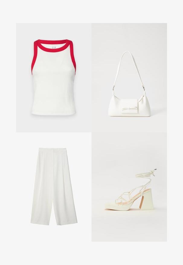 Top corto bianco a coste con rifiniture rosse sul collo e sulle aperture delle maniche. Presenta un design aderente e un orlo dritto. Tessuto testurizzato. Logo del marchio visibile.; Pantaloni bianchi a gamba larga e cropped con una texture liscia, caratterizzati da una parte anteriore piatta e senza chiusure o tasche visibili.; Sandalo bianco con tacco alto, caratterizzato da un design a cinturini e un legaccio alla caviglia. Texture liscia con una piattaforma frontale per un'altezza aggiuntiva.; Borsa sintetica bianca a forma triangolare, con patta anteriore piatta e dettaglio a fiocco, tracolla regolabile, texture liscia e design minimalista.