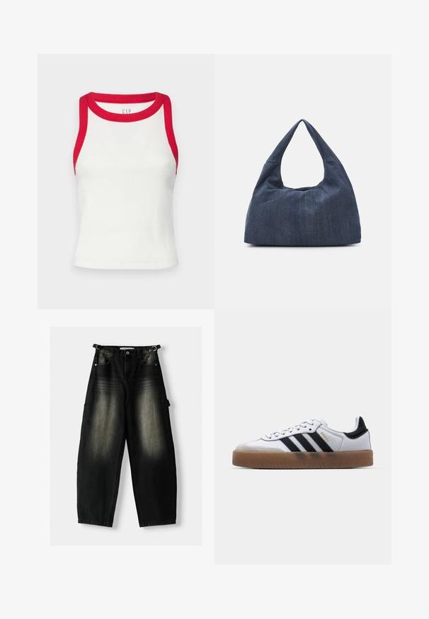 Weißes, geripptes Tanktop mit rotem Saum an Hals und Armöffnungen. Das Design ist enganliegend und hat einen geraden Saum. Strukturierter Stoff. Markenzeichen sichtbar.; Baggy schwarze Denim-Hose mit einem verwaschenen Textur, fünf Taschen und einer Schlaufe am Taillenbund. Das Design zeichnet sich durch eine lockere Passform und gerade Beine aus.; Weiße Leder Sneakers mit schwarzen Streifen, Gummigummi-Außensohle, runder Zehenform, Schnürverschluss und weichem grauem Wildleder-Zehenkappe.; Dunkelblaue Denim-Tasche mit einer weichen, lässigen Form, ausgestattet mit einem Hobo-Stil Griff und einer strukturierten Oberfläche. Keine sichtbaren Hardware-Elemente.