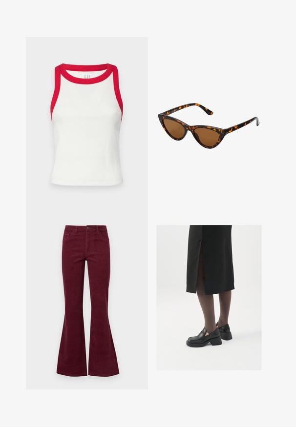 Top din bumbac alb cu dungi, cu margini roșii la gât și la brațe. Are un design ajustat și un tiv drept. Material texturat. Logo-ul brandului este vizibil.; Jeansi fendi bordeaux din corduroy, cu cinci buzunare, închidere cu nasture frontal și țesătură texturată. Flarurile se extind de la genunchi până la tiv.; Pantofi din piele neagră cu vârful rotund, toc bloc gros și accente elastice pe lateral, asortați cu colanți închiși la culoare și o fustă neagră cu o fanta.; Ochelari de soare în stil cat-eye, cu o ramă din material cu tortoiseshell negru și portocalie, lentile maro și vârfuri elegante, ascuțite. Prezintă un logo minimal pe brățara ochelarilor.