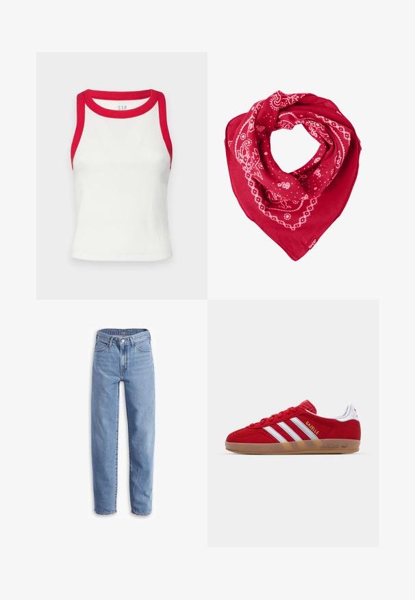 White ribbed tank top with red trim at the neck and armholes. Features a fitted design and straight hem. Textured fabric. Brand logo visible.; Light blue jeans made of denim, with a relaxed fit, straight leg, five-pocket design, and frayed hems for a casual look.; Red suede sneaker with white three-stripe design and gold "Gazelle" text. Features a rubber gum sole and textured heel.; Red bandana scarf made of cotton, featuring white paisley and dot patterns, with a triangular shape and a tag in the lower corner.