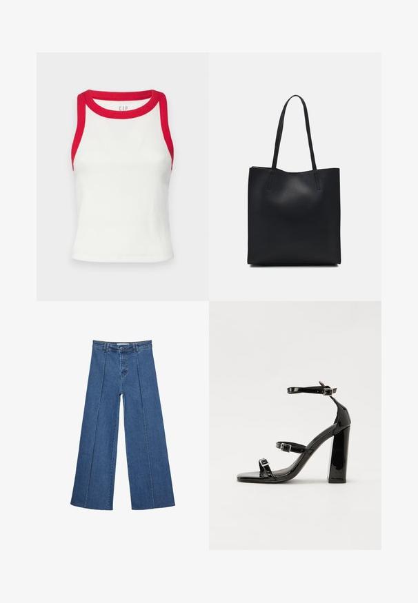 Weißes, geripptes Tanktop mit rotem Saum an Hals und Armöffnungen. Das Design ist enganliegend und hat einen geraden Saum. Strukturierter Stoff. Markenzeichen sichtbar.; Weite Jeans aus Denim in Mittelblau, mit hoher Taille, Knopfverschluss und kontrastierenden vertikalen Nahtdetails an der Vorderseite.; Schwarze patentierte Sandalen mit Absatz, quadratischer Spitze, Knöchelriemen und silbernen Schnallen. Mit einem stabilen Blockabsatz für mehr Stabilität.; Schwarze Laptoptasche aus Leder mit glatter Textur, rechteckiger Form und zwei langen Griffen. Keine sichtbaren Beschläge oder Verzierungen.