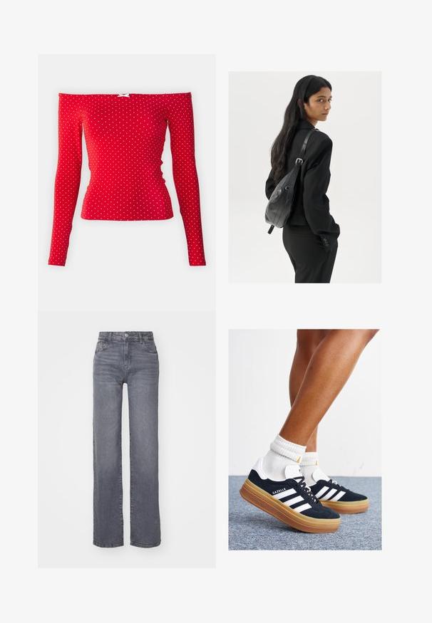 Top lung roșu, fără umeri, cu mâneci lungi, realizat dintr-un material ribbed, decorat cu buline albe și un mic accent sub formă de fundiță albă aproape de decolteu.; Jeans griși cu picioare largi, fabricate din denim cu o textură netedă, având un închidere cu nasture și fermoar și cinci buzunare.; Adidași negri din piele întoarsă cu dungi și accente albe, vârf rotund, talpă de cauciuc gumă, asortați cu șosete albe cu model nervurat.; Femeie cu păr lung și închis la culoare, îmbrăcată într-un costum negru, purtând o geantă de umăr din piele neagră, privind peste umăr, pe un fundal alb.