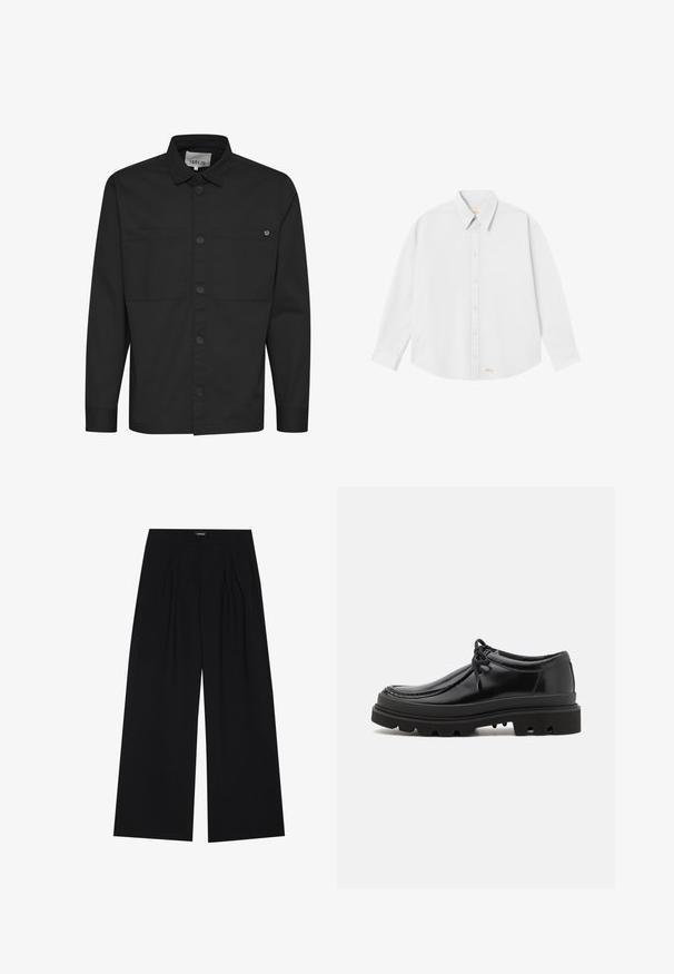 Schwarzes Langarmhemd mit Knöpfen vorne, zwei Brusttaschen und einem spitzen Kragen. Hergestellt aus glattem Material mit matter Oberfläche.; Weißes Hemd mit klassischem Kragen, langen Ärmeln und abgerundetem Saum; verfügt über ein kleines oranges Logo auf der linken Unterseite.; YOURTURN UNISEX - Stoffhose - black; Schwarze Leder-Derby-Schuhe mit einem eleganten Design, runder Zehenpartie und rutschfester Gummisohle mit tiefen Rillen für besseren Halt.