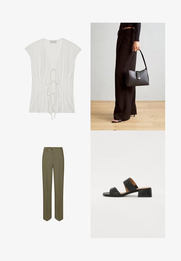 Hvit kortermet topp med dyp V-hals og frontknutepunkt. Stoffet har en jevn tekstur med vertikale brukke detaljer.; Olivenfargede skræddersydde bukser med rett ben, enkel knappelukking og to frontfeller, med en glatt, vevd tekstur.; Sorte lær sandaler med to brede stropper over foten, firkantet tå og lav blokkhæl. Glatt tekstur og minimalistisk design.; Svart håndveske med strukturert form, jevn tekstur og metallisk lås. Kombinert med brede svarte bukser og sandaler med åpen tå på tregulv.
