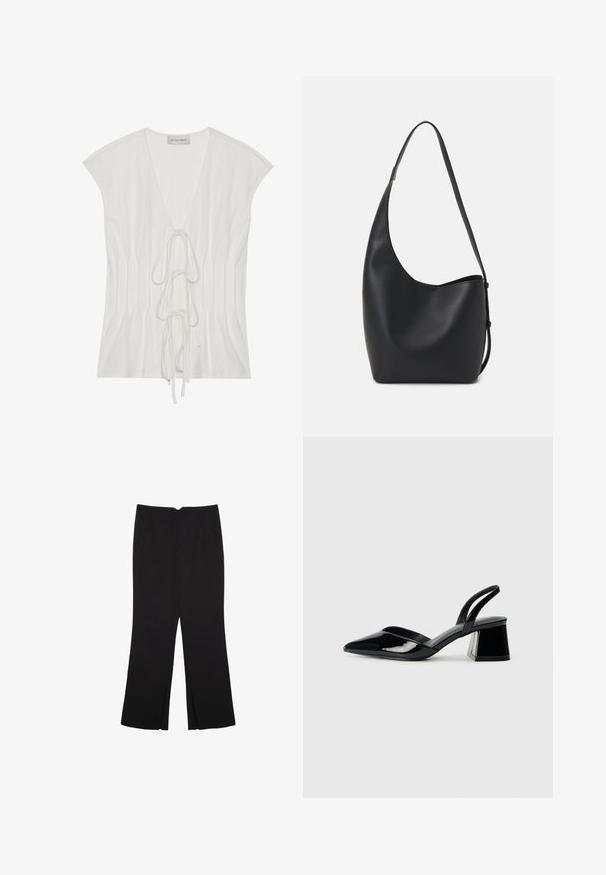 Bela kratka majica s kratkimi rokavi z globokim V-izrezom in sprednjim vezanjem. Tkanina ima gladko teksturo z navpičnimi gubami.; Črne hlače ravnega kroja z naglavnimi žepi in stranskimi razporki na robu. Narejene iz mehke, gladke tkanine. Primerne za različne priložnosti.; Črne lakirane slingback pete s koničastim nosom in geometrijsko blokasto peto. Imajo eleganten, minimalističen dizajn in gladko teksturo.; Črna usnjena hobo torba z gladko teksturo, ukrivljeno obliko in eno nastavljivo naramnico; ima širok odprtina na vrhu.