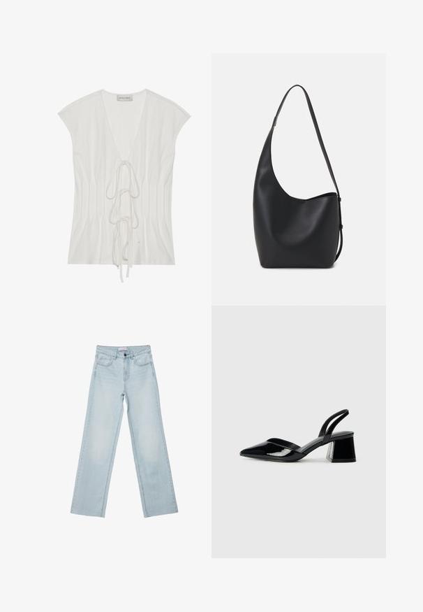 Weißes kurzärmliges Oberteil mit tiefem V-Ausschnitt und vorderem Bindedetail. Der Stoff hat eine glatte Textur und vertikale Fältchenakzente.; Hellblaue weit geschnittene Jeans aus Denim. Verfügt über fünf Taschen, einen Knopfverschluss und ausgeblichene Details. Klassischer gerader Schnitt mit lockerer Passform.; Schwarze Lackleder-Slingback-High Heels mit spitzem Schuh und einem geometrischen Blockabsatz. Verfügt über ein schlankes, minimalistisches Design und eine glatte Textur.; Schwarze Leder-Hobo-Tasche mit einer glatten Textur, geschwungener Form und einem einzelnen verstellbaren Tragegurt; verfügt über eine weite Öffnung am oberen Ende.