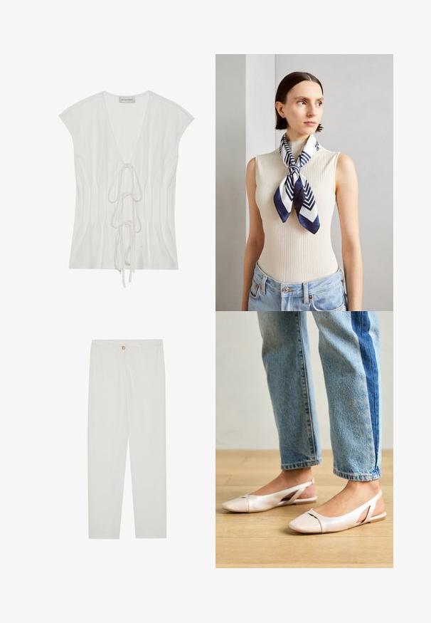 Vit kortärmad topp med djup V-ringning och knytning fram. Tyget har en slät yta med vertikala veck.; Vita, skräddarsydda byxor med rak benform, med knappstängning, bältesslingor och sidofickor; mjuk tygtextur.; Ljust rosa slingback-lägenheter med spetsig tå, tillverkade av ett slätt läderliknande material. Har utskurna detaljer på sidorna och en platt häl.; Siden scarf i marinblått och vitt med ett geometriskt zigzagmönster. Slät textur, snyggt knuten runt halsen, kompletterar en ribbad topp.
