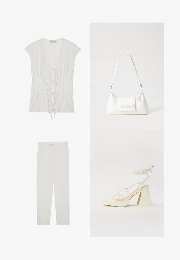 Hvid kortærmet top med en dyb V-udskæring og frontsløjfedetalje. Stof har en glat tekstur med lodrette plisseringsdetaljer.; Hvide, skrædderlavede bukser med lige ben design, udstyret med knaplukning, bæltesløjfer og sidelommer; glat stoftekstur.; Hvide højhælede sandaler med en kraftig hæl, der har et stropdesign og ankelbinding. Glat tekstur med en platform foran for ekstra højde.; Hvid syntetisk håndtaske med en trekantet form, flad forsideklap og sløjfedetalje, justerbar strop, glat tekstur og minimalistisk design.