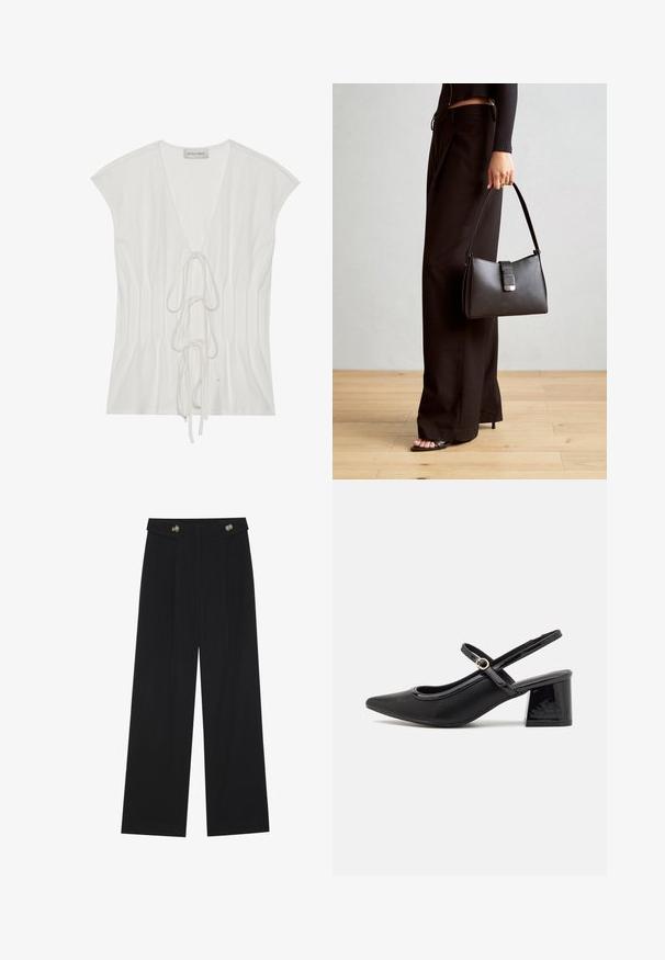 Hvid kortærmet top med en dyb V-udskæring og frontsløjfedetalje. Stof har en glat tekstur med lodrette plisseringsdetaljer.; Sorte vide bukser med høj talje, knapdetaljer på taljebåndet og frontfald.; Sorte patentlæder slingback hæle med spids tå, rund udskæring og blokhæl. Har en guldtonet spændeaccents.; Sort håndtaske med struktureret form, glat overflade og metalspænde. Sammen med brede sorte bukser og sandaler med åben tå på trægulv.