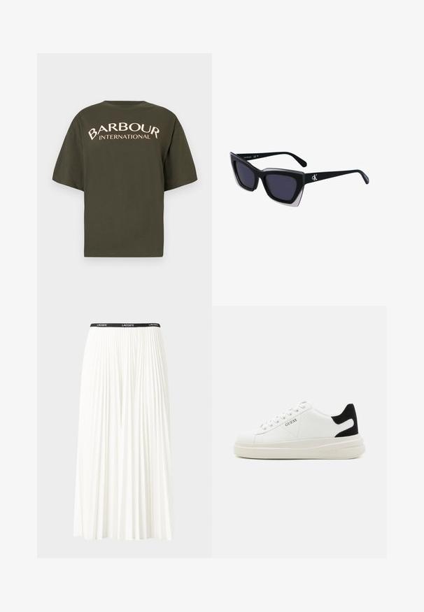 T-shirt oversized verde oliva feito de algodão, com uma estampa em creme "BARBOUR INTERNATIONAL" nas costas, mangas curtas e decote redondo.; Saia plissada branca com uma cintura elástica preta que apresenta o logótipo "LACOSTE". Design de comprimento médio com textura suave.; Sapatilhas brancas de couro com uma sola branca espessa, detalhe em camurça preta no calcanhar e logótipo em relevo na lateral. Design com atacadores e seis ilhós.; Óculos de sol oversized pretos com forma geométrica, apresentando lentes escuras e um detalhe cinza em contraste na armação. Logotipo na haste.