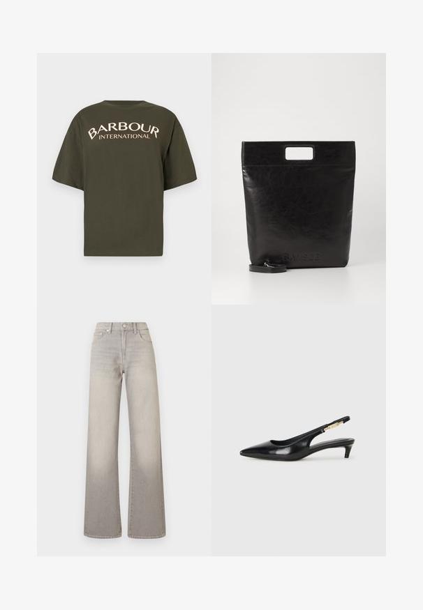 Olive zielona, oversize t-shirt wykonany z bawełny, z kremowym nadrukiem "BARBOUR INTERNATIONAL" na plecach, krótkimi rękawami i okrągłym dekoltem.; Szare dżinsy o szerokich nogawkach z wyblakłym wykończeniem, zapięcie na guzik, pięć kieszeni oraz przeszycia wzdłuż szwów.; Czarne skórzane szpilki typu slingback z ostrym noskiem, posiadające smukły obcas i złoty akcent na regulowanym pasku. Gładka tekstura.; Czarna skórzana torba na ramię z kwadratowym uchwytem, z teksturowanym wykończeniem i wytłoczonym logo. Zawiera odpinany pasek.