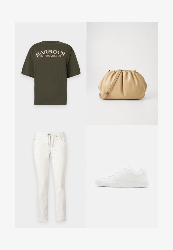 Ελαιόχρωμο oversized T-shirt φτιαγμένο από βαμβάκι, με γραφικό "BARBOUR INTERNATIONAL" σε κρέμα χρώμα στην πλάτη, κοντά μανίκια και στρογγυλή λαιμόκοψη.; Λευκά, στενά παντελόνια με ελαστική μέση και κορδόνι, μπροστινές τσέπες και λεία υφή. Κατάλληλα για καθημερινή χρήση ή χαλαρές περιστάσεις.; Λευκό αθλητικό παπούτσι κατασκευασμένο από λείο συνθετικό υλικό, με στρογγυλή μύτη, σχέδιο που δένει με κορδόνια, επίπεδη σόλα και διακριτικές τρυπητές λεπτομέρειες.; Τσάντα από καφέ δέρμα με πτυχωτό σχέδιο, ρυθμιζόμενο λουράκι και στρογγυλή μορφή. Μινιμαλιστική σήμανση στην εμπρόσθια επιφάνεια.
