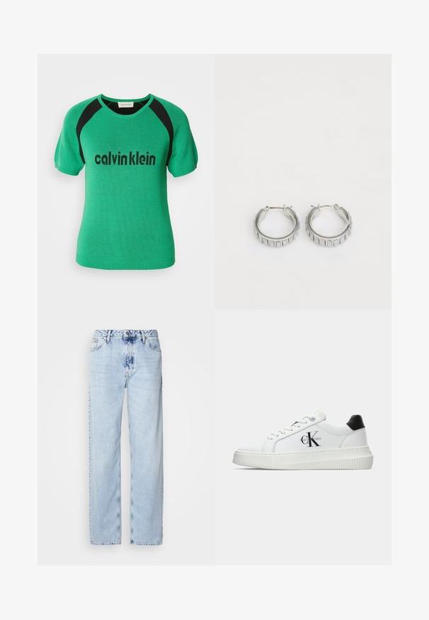 Blusa de malha verde de mangas curtas com detalhes pretos nos ombros e logotipo "calvinklein" em preto na parte da frente. Textura suave.; Calças em ganga de perna larga de tom azul claro, com cintura alta, lavagem desbotada e um discreto padrão tie-dye na parte da frente.; Sapatilhas brancas de cano baixo com aba preta no calcanhar, sola tipo plataforma, cordões e logo "CK" da Calvin Klein na lateral.; Brincos em argola prateados com um design texturizado que apresenta sulcos verticais. Forma circular com um fecho de segurança. Acabamento suave.