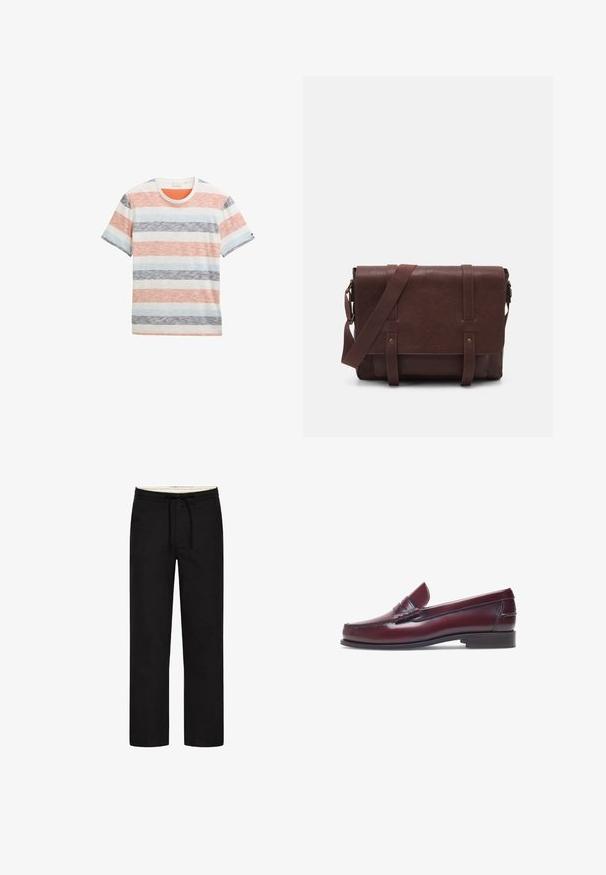 Striped t-shirt in cotton, featuring broad horizontal stripes in orange, blue, grey, and white with a round neck and short sleeves.; Black and white checked long-sleeve shirt with a button-up front, medium collar, and woven texture. Features black buttons and a relaxed fit.; Black, straight-leg pants with an elastic waistband, drawstring, and understated design. Soft fabric texture. No visible patterns or accents.; Burgundy leather loafer with a rounded toe, stitched detailing, and a small decorative accent on the vamp. Flat, contrasting sole.; Brown leather messenger bag with a flat front flap, two straps, gold hardware accents, and an adjustable shoulder strap.