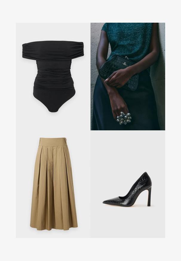 Zwarte off-shoulder ruched bodysuit met drukknoopsluiting bij het kruis, plat gelegd op een witte achtergrond.; Khaki plissé rok met een hoge tailleband, gemaakt van katoen. Heeft een vloeiende uitstraling en de zoom is afgewerkt met subtiele stiksels.; Zwarte puntige hoge hak schoen met een krokodillenleren textuur, met een slank ontwerp, hoge stiletto-hak, en een gladde zwarte binnenkant.; Zwarte clutch met krokodillenpatroon en zilverkleurige hardware, vastgehouden tegen een gestructureerde grijze achtergrond. Heeft een glanzend oppervlak.
