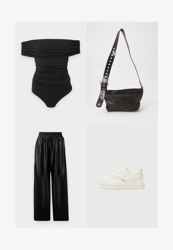 Bodysuit negro de hombros caídos con fruncido y cierres a presión en la entrepierna, dispuesto sobre un fondo blanco.; Pantalones anchos de cuero negro con cintura elástica, que cuentan con dos bolsillos laterales y una textura suave y brillante.; Zapatillas blancas con una combinación de materiales lisos y texturizados, que cuentan con un logo sutil, diseño de cordones y suela en zigzag.; Bolso cruzado de cuero negro con un acabado texturizado, que cuenta con una amplia correa ajustable adornada con tachuelas plateadas y una hebilla metálica.