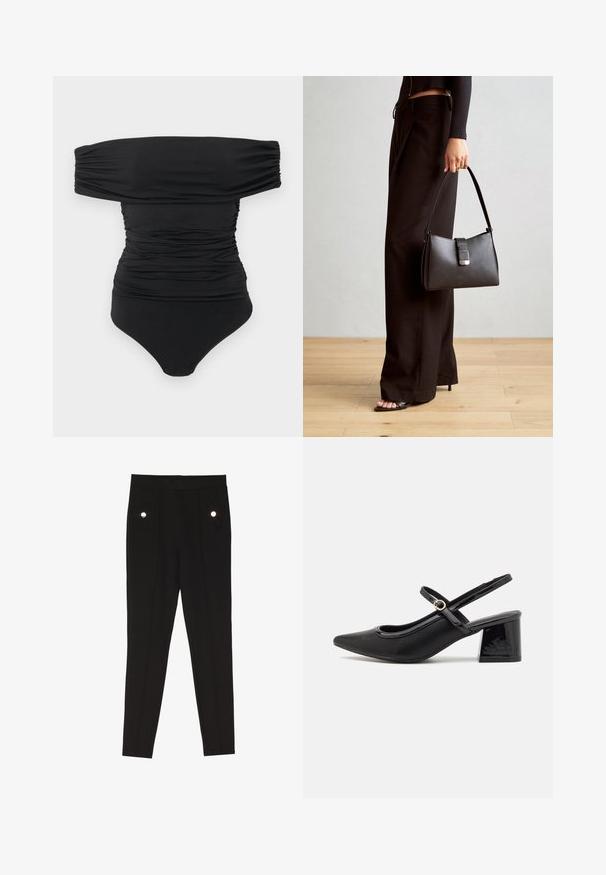 Bodysuit noir à épaules dénudées froncé avec fermetures à pression à l'entrejambe, posé à plat sur un fond blanc.; Pantalons noirs bien coupés avec une texture lisse, dotés de deux poches avant avec des accents en matériel décoratif, et un design ajusté.; Escarpins slingback en cuir verni noir avec un embout pointu, un design à découpes arrondies et un talon carré. Présente un accent de boucle en ton doré.; Sac à main noir à la forme structurée, texture lisse et fermoir métallique. Associé à un pantalon noir ample et des sandales ouvertes sur un sol en bois.
