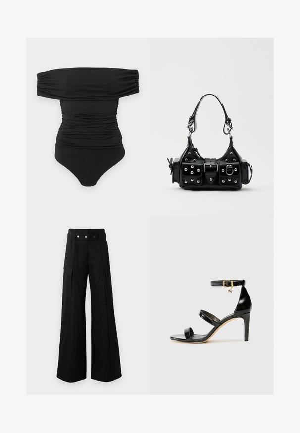Body nero con spalline scoperte e arricciature, dotato di chiusure a pressione nella zona inguinale, posato su uno sfondo bianco.; Pantaloni neri a gamba larga con vita alta, dotati di ampie tasche laterali, due bottoni frontali e un dettaglio a anello. Realizzati in un tessuto resistente.; Sandalo in pelle verniciata nera con tre cinturini, fibbia alla caviglia e tacco a stiletto di 10 cm. Presenta dettagli in hardware dorato e un charm con logo.; Borsa a mano in pelle nera con design curvo, caratterizzata da borchie argentate, una fibbia e due tasche laterali. Tracolla regolabile per diverse opzioni di trasporto.