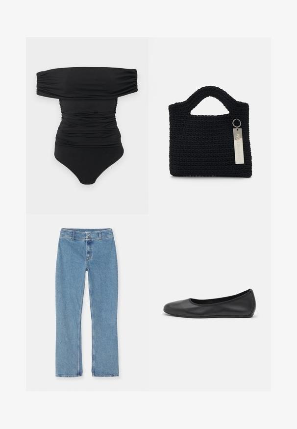 Schwarzer schulterfreier, geraffter Bodysuit mit Druckknopfverschluss im Schritt, flach auf einem weißen Hintergrund ausgelegt.; Helle blaue gerade geschnittene Jeans aus Denim mit Knopf- und Reißverschluss, Gürtelschlaufen und Standardnähten auf weißem Hintergrund.; Schwarze Leder-Ballettschuhe mit abgerundeter Spitze, glatter Textur, minimalen Nähdetails und einem flexiblen Sohlen-Design.; Won Hundred MARSIELLE COMPUTER BAG UNISEX - Notebooktasche - black