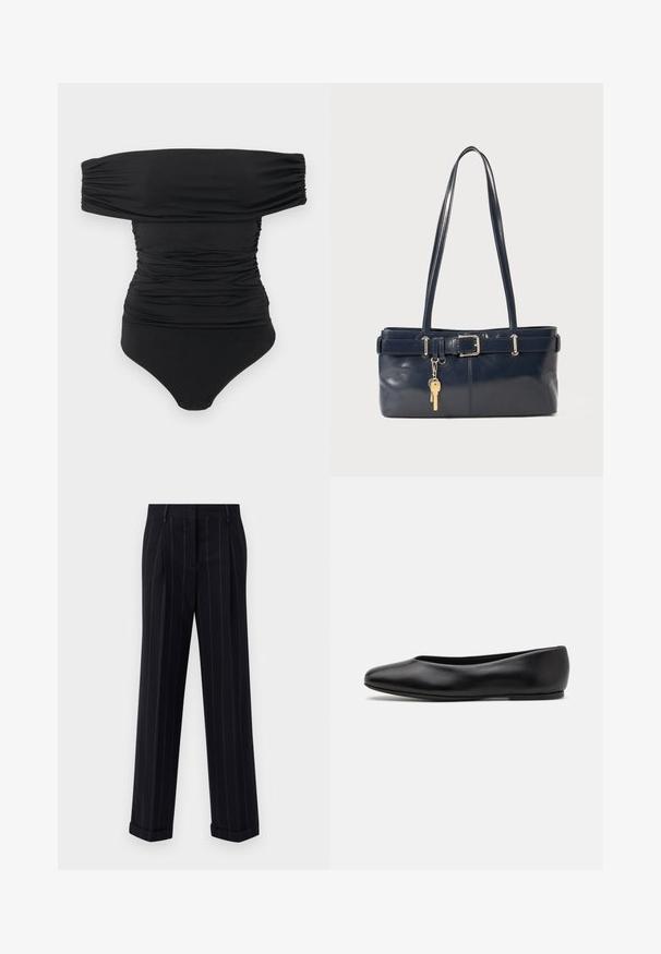 Body nero con spalline scoperte e arricciature, dotato di chiusure a pressione nella zona inguinale, posato su uno sfondo bianco.; Pantaloni neri a righe sottili con una vestibilità su misura, dotati di orlo con risvolto e pieghe frontali. Realizzati in un tessuto liscio con un design strutturato.; Paul Smith TOPANGA - Ballerine - black; Borsa a mano in pelle blu con due manici lunghi, un dettaglio con fibbia e un portachiavi attaccato. Presenta una texture liscia e una forma rettangolare.