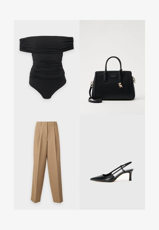 Svart avduket ruched bodysuit med trykknapper i skrittet, lagt flatt på en hvit bakgrunn.; Beige skræddersyede bukser med høj talje, plisseret front og brede ben. Stof virker glat med en let glans.; Sorte patent slingback hæl med spids tå, featuring tekstureret slangeskind, justerbar rem og en kort, tekstureret blokhæl.; Svart skinnhåndveske med strukturert design, doble topphåndtak, avtakbar skulderrem, gullfarget hardware og en logo-detalj.