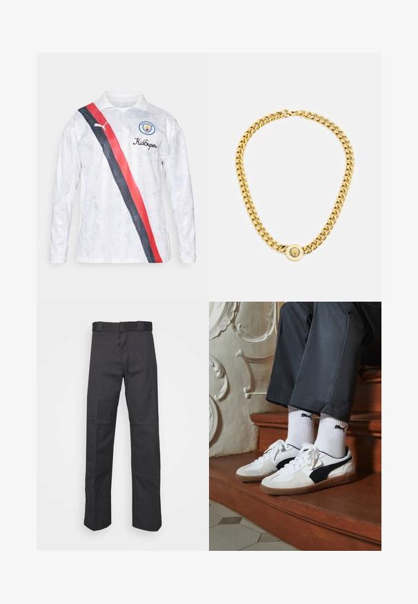 Baltas ilgomis rankovėmis futbolo marškinėliai su apykakle, su įstrižine raudona ir juoda juostele, Puma logotipu ir Mančesterio miesto emblema.; Juodos kelnės, pagamintos iš patvarios medžiagos, su tiesiais kaire, juosmeniu su diržo kilpomis ir siūlėmis, suteikiančiomis tekstūrą.; Puma sportbačiai baltoje ir juodoje zomšo spalvų derinys, su rudu guminio pado apdaila. Derinama su baltais kojiniais, kuriuose pavaizduota juoda logotipas, dėvimi su tamsiomis kelnėmis.; Auksinė grandinė su dideliais susijungusiais žiedais, centruje uždedamas apskritas pakabukas su iškilnia emblema.