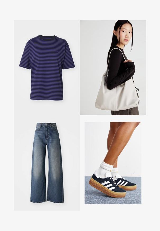 Carhartt WIP VERNER - Potiskana majica - black/aura; Modre hlače visoke pasu s širokimi nogavicami, z gumbom spredaj in žepi, bled tekstura na stegnih in ravnim robom.; Črni antilop superge z belimi črtami in poudarki, okrogel prst, gumijasti podplat, kombinirane z belimi rebrastimi nogavicami.; Bežna torbica iz mehkega materiala, z ohlapno zasnovo, šivi in dvema naramnicama. Primerna za vsakodnevno uporabo.