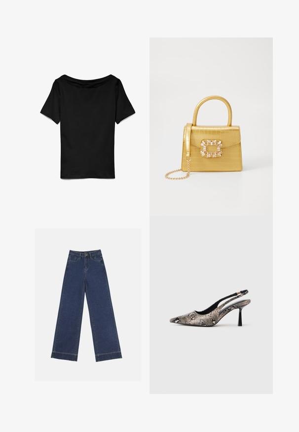 Black, short-sleeve t-shirt with a wide, off-the-shoulder neckline. Smooth texture, relaxed fit, plain design without additional patterns or accents.; Wide-leg jeans in dark blue denim. Features five pockets, belt loops, and a raw hem at the bottom with visible stitching details.; Pointed-toe slingback shoes made of textured snake print material, featuring a slender black heel and a cutout design on the sides.; Yellow faux-crocodile handbag with a structured design, top handle, detachable chain strap, and decorative crystal embellishment on the clasp.