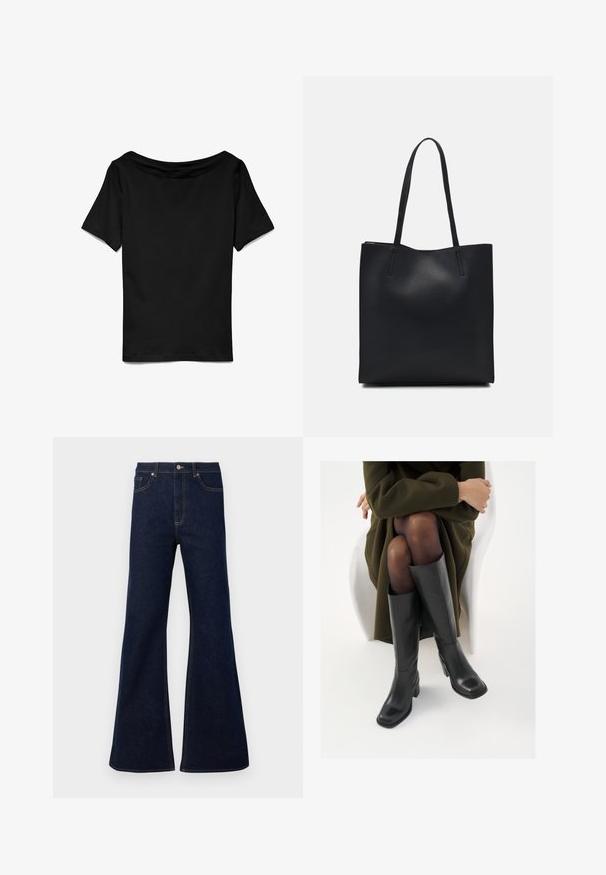 Černé tričko s krátkým rukávem a širokým, off-the-shoulder výstřihem. Hladká textura, uvolněný střih, jednoduchý design bez dalších vzorů či akcentů.; Tmavě modré rozšířené džíny z denimu s vysokým pasem, předními kapsami a zlatými švy. Hladká textura s klasickým střihem.; Černé kožené boty po kolena s hranatou špičkou a blokovým podpatkem, předvedené na modelce sedící v olivově zeleném kabátu. Hladký povrch, minimalizované detaily.; Černá kožená taška přes rameno s hladkým povrchem, obdélníkovým tvarem a dvěma dlouhými uchy. Žádné viditelné kování ani ozdoby.