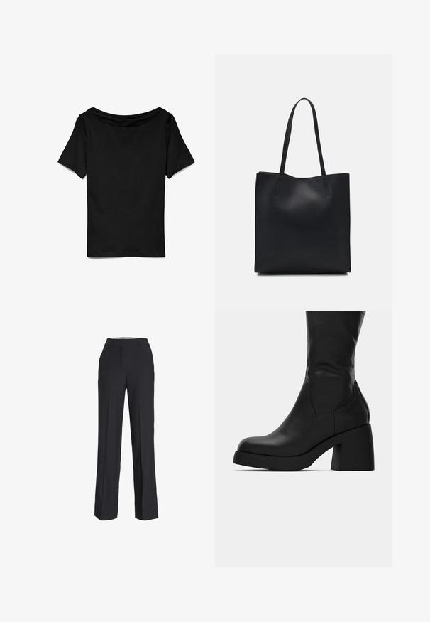 Fekete, rövid ujjú póló széles, vállat is szabadon hagyó nyakkivágással. Simaság jellemzi, laza fazonú, egyszerű kialakítású, további minták vagy díszítések nélkül.; Fekete, magas derekú nadrág, egyenes szárú fazonnal. Simító anyagból készült, elülső pliszekkel és oldalsó zsebekkel.; Fekete bőrből készült, középig érő csizma vastag tömbsarokkal és kerek orral, oldalsó profilban, fehér háttér előtt.; Fekete bőrtáska sima felszínnel, téglalap alakú, két hosszú füllel. Nincs látható fémkiegészítő vagy díszítés.