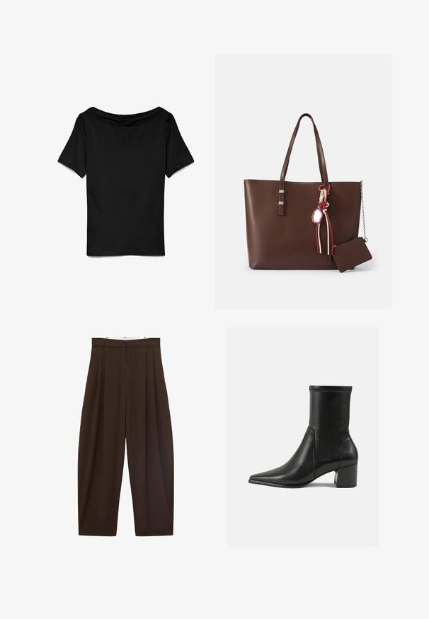 Musta, lyhythihainen t-paita, jossa on leveä, olkapäiltä avara kaula-aukko. Sileä pinta, rento malli, yksinkertainen muotoilu ilman lisäkuvioita tai koristeita.; Ruskeat korkeavyötäröiset housut, joissa on laskokset, valmistettu sileästä kankaasta. Rentoa istuvuutta, suora lahjemuoto, varustettu vyölenkeillä ja vetskarilla.; Mustat nilkkurit, jotka on valmistettu sileästä nahasta, kärjessä on terävä muoto, paksu korko ja selkeästi kohoavat ompeleet yläreunassa.; Ruskea nahkainen olkalaukku, jossa on kaksi kantohihnaa, hopeiset yksityiskohdat, koristeelliset tupsut ja pieni yhteensopiva vetoketjullinen lompakko kiinnitettynä.