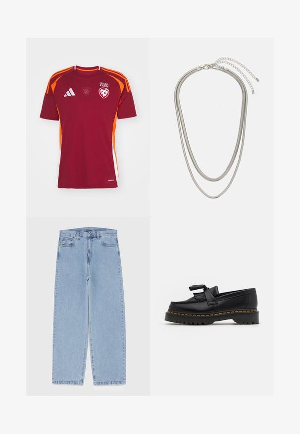 adidas Performance LATVIAN LFF HOME - Voetbalshirt - team burgundy; Lichtblauwe denim jeans met een recht model, voorzien van een middelhoge taille, vijf zakken en een knoop- en ritssluiting.; Zwarte leren loafers met een franjesaccent, voorzien van een dikke zwarte zool en gele stiksels langs de rand. Gevoelige afwerking.; Driedelige zilveren metalen halsketting met slanke, flexibele kettingen met een lichte glans, beveiligd met een karabijnhaak en een verstelbare ketting.