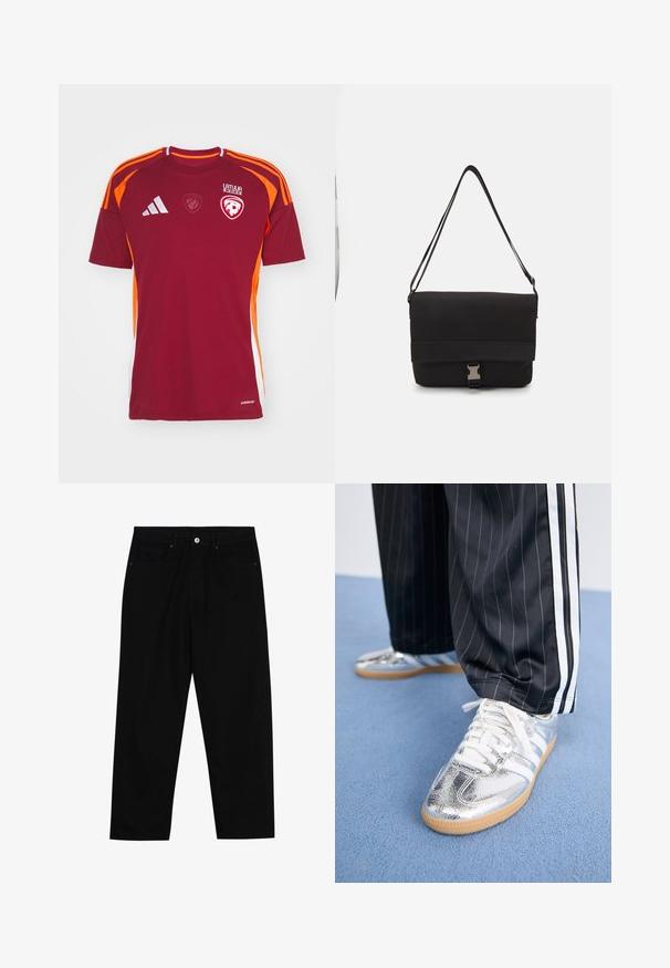 adidas Performance LATVIAN LFF HOME - Maglia da calcio - team burgundy; Pantaloni in denim nero con taglio dritto, design a cinque tasche e chiusura frontale con bottone. Tessuto liscio con dettagli di cucitura minimi.; Sneakers metallici argentati con lacci bianchi e tre strisce bianche, abbinati a pantaloni neri a righe sottili. Accent legato alla suola in gomma.; Borsa a tracolla nera realizzata in materiale liscio, con un lembo pieghevole, hardware in metallo argentato e una tracolla regolabile.