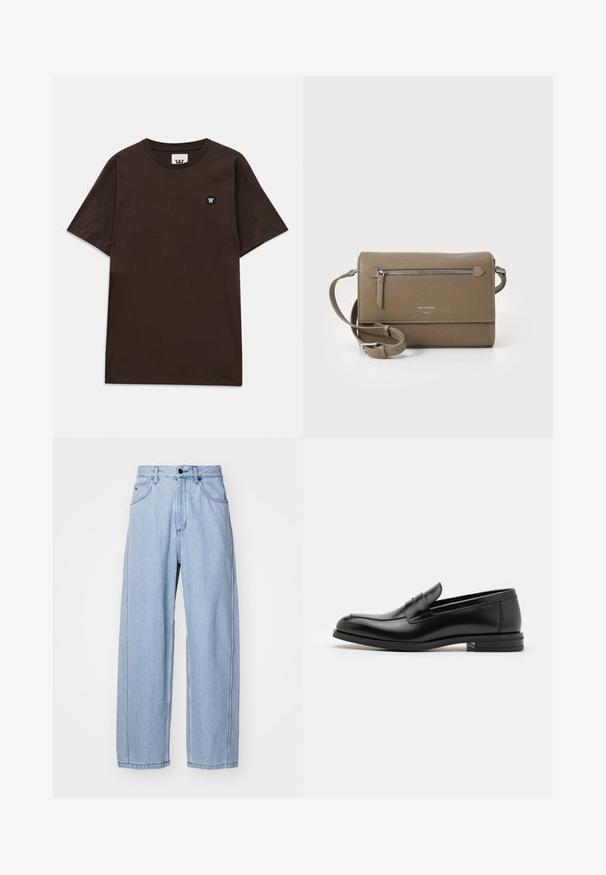 Dunkelbraunes T-Shirt mit kurzen Ärmeln, Rundhalsausschnitt und einem kleinen schwarz-weißen Logo-Patch auf der oberen linken Brustseite.; Helle blaue Denim-Jeans im weit geschnittenen Design, mit Fronttaschen, einem Knopfverschluss und detaillierten Nähten entlang der Säume.; Schwarze Lederloafers mit glatter Textur, rundem Zehenbereich und einem dekorativen Riemen über dem Vorderfuß. Niedriger, gestapelter Absatz, minimalistisches Design.; Taupe Leder Umhängetasche mit einem Reißverschluss-Frontfach, verstellbarem Schulterriemen, Strukturleder und geprägt Logo auf der Vorderseite.